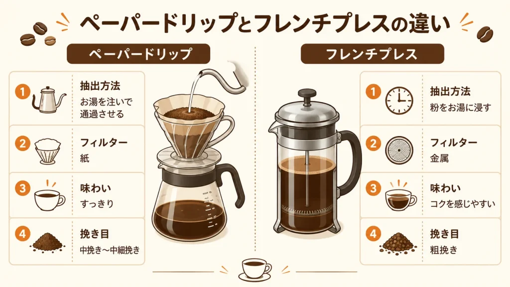 ペーパードリップとフレンチプレスの抽出方法や味わいの違いを比較した図