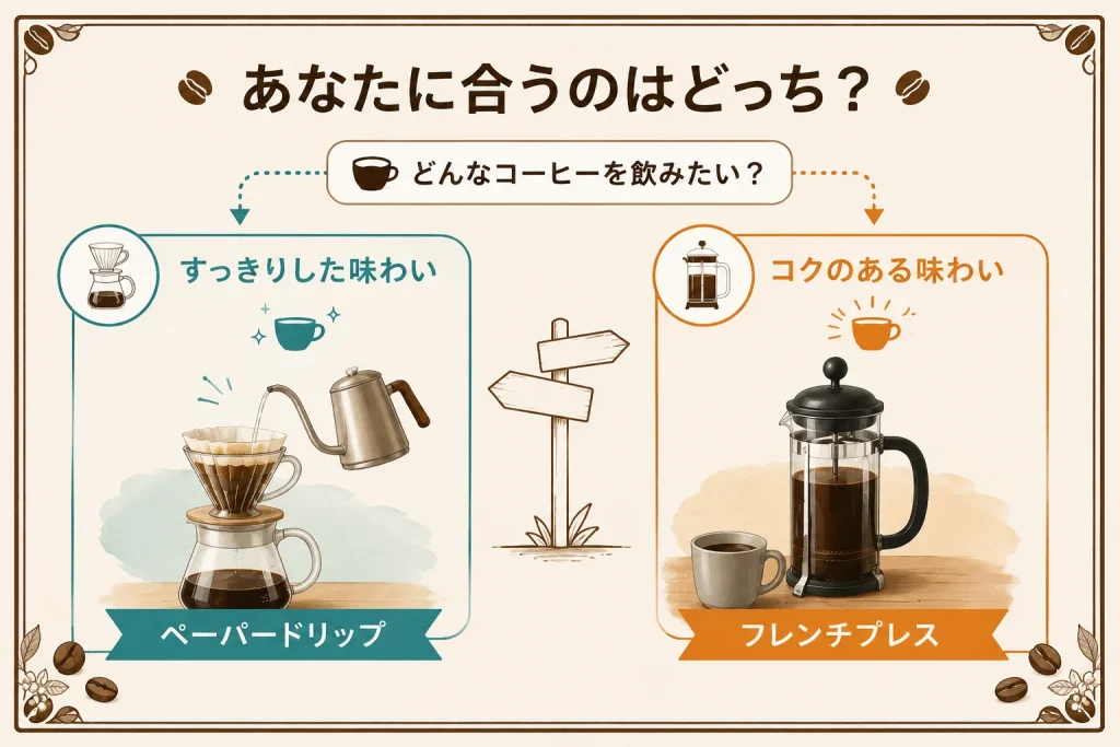 ペーパードリップとフレンチプレスのどちらが向いているかを選ぶ初心者向け比較図