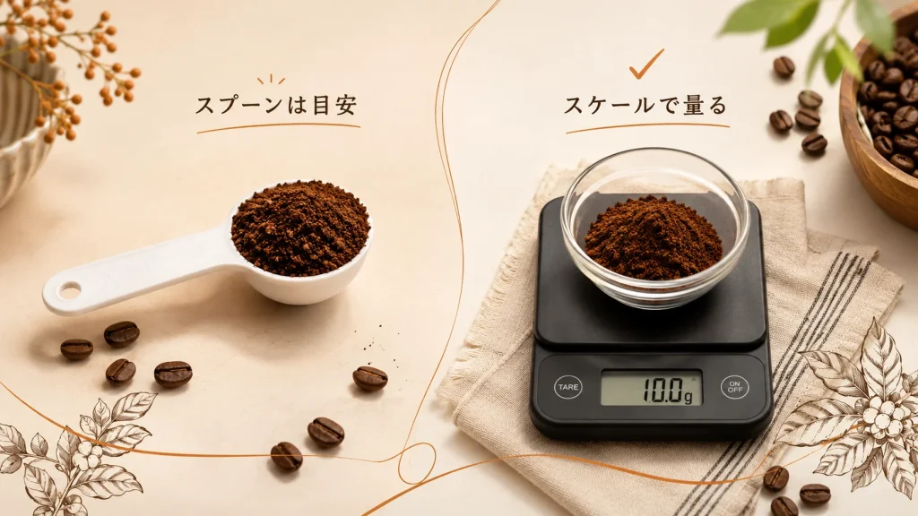 メジャースプーンとキッチンスケールを使ったコーヒー粉の量り方