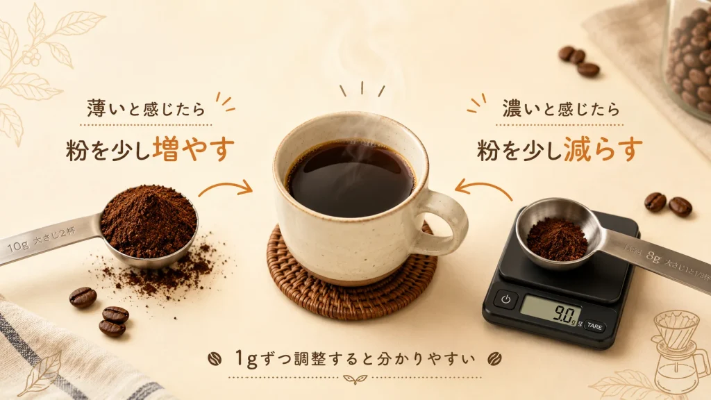 コーヒーの濃さに合わせて粉の量を増減する調整方法