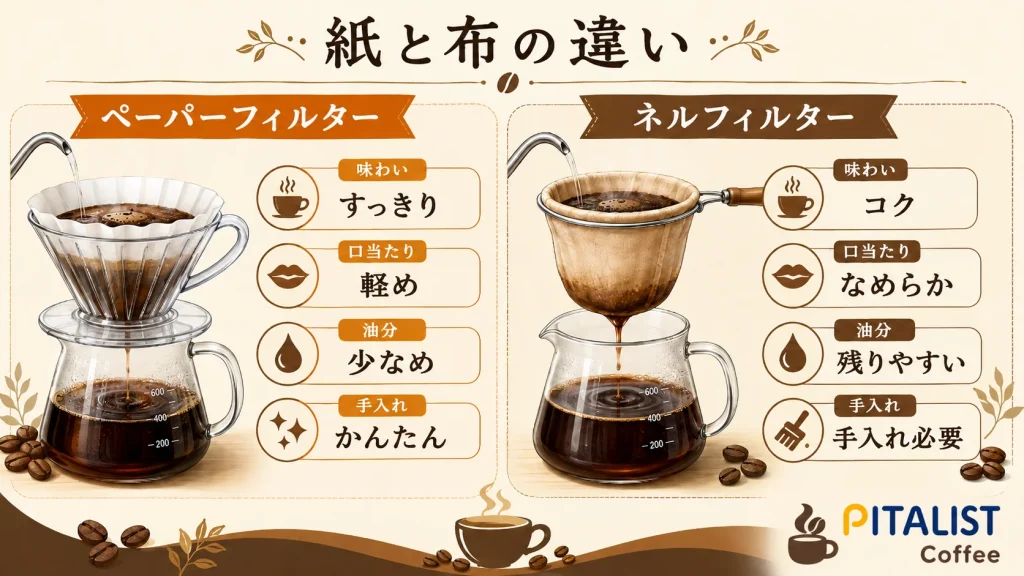 ペーパーフィルターとネルフィルターによるコーヒーの味や手入れの違い