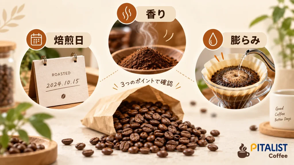 焙煎日と香り、ドリップ時の膨らみからコーヒー豆の鮮度を確認する図