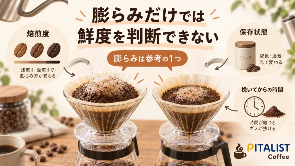 コーヒー粉の膨らみだけでは豆の鮮度を判断できないことを示した図