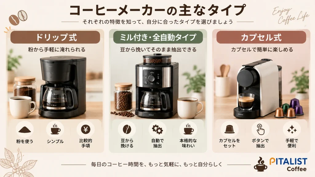 ドリップ式と全自動、カプセル式の家庭用コーヒーメーカーの違い