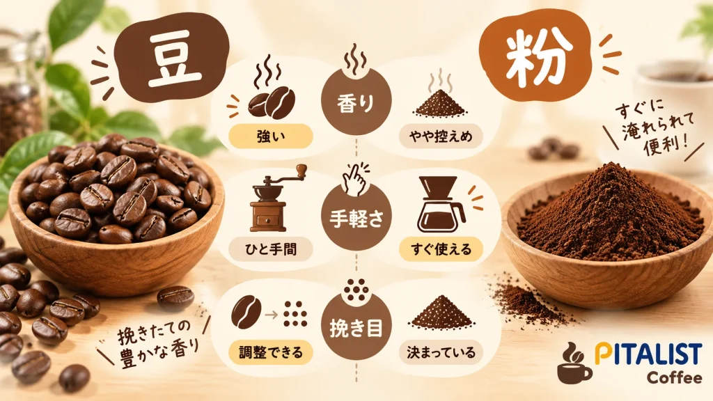 コーヒー豆と粉の香りや手軽さ、挽き目の違いを比較した図