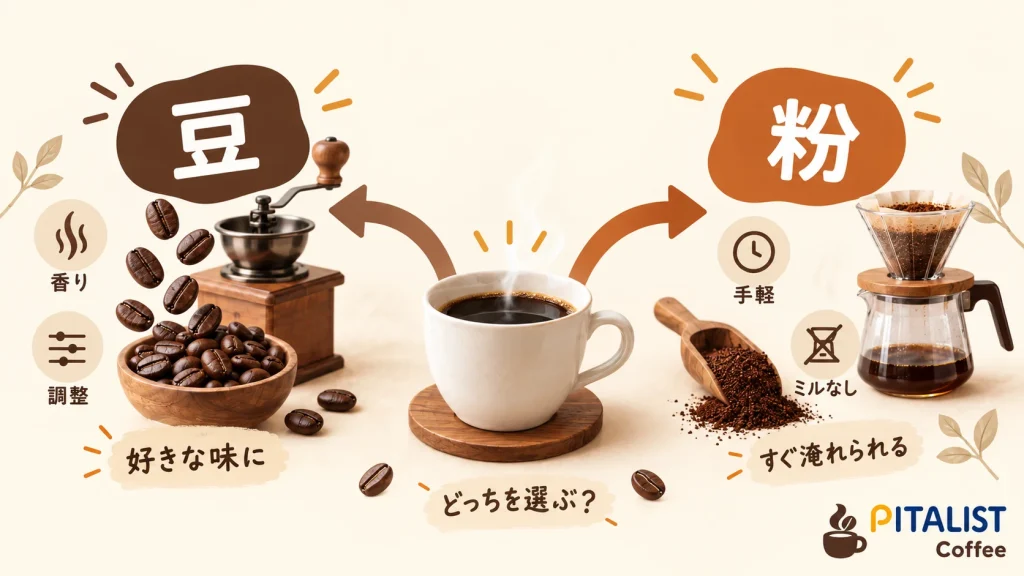 香りを楽しみたい人は豆、手軽さを重視する人は粉を選ぶ目安の図