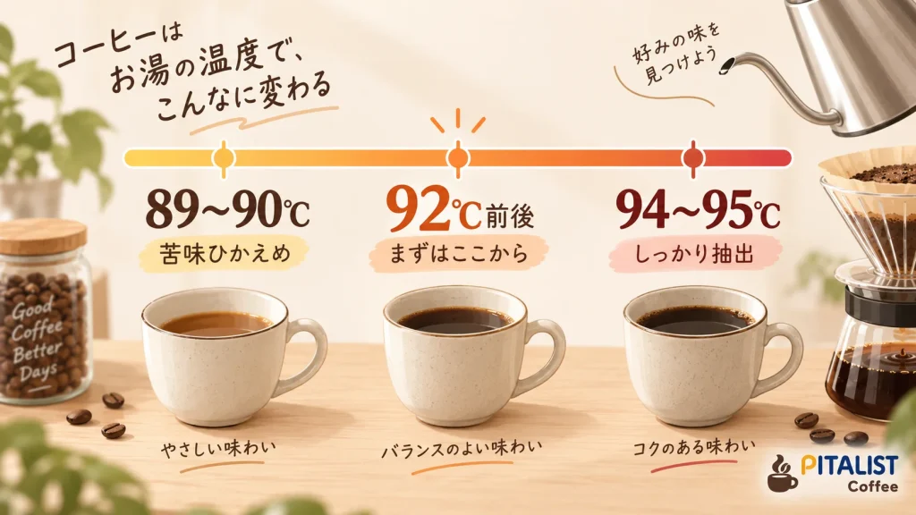ハンドドリップの湯温を89℃から95℃程度で調整する味の目安