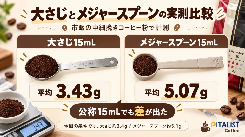 大さじ15mLは平均3.43g、コーヒーメジャースプーン15mLは平均5.07gだった実測比較