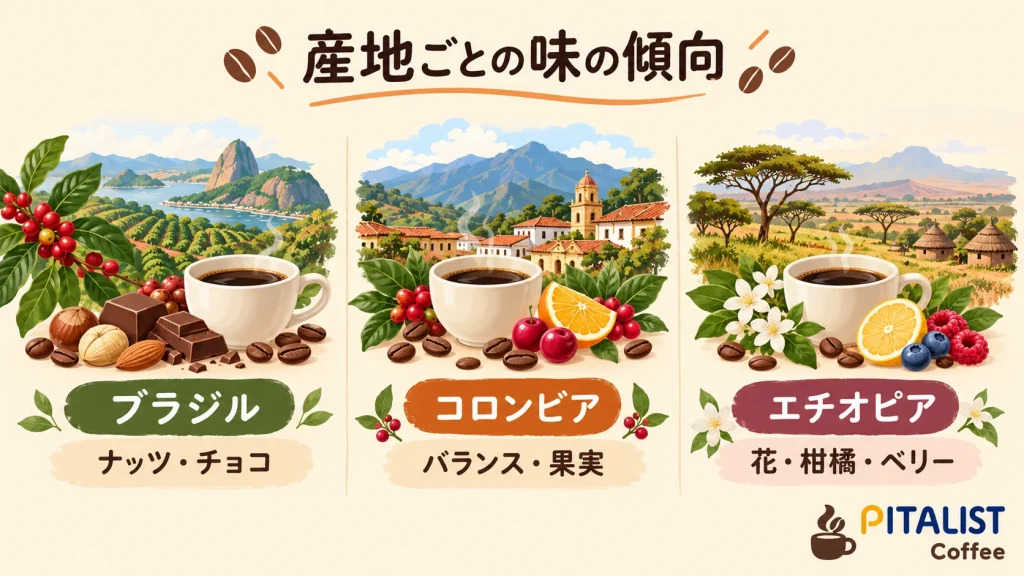 ブラジル・コロンビア・エチオピア産コーヒー豆の味や香りの傾向を比較した図