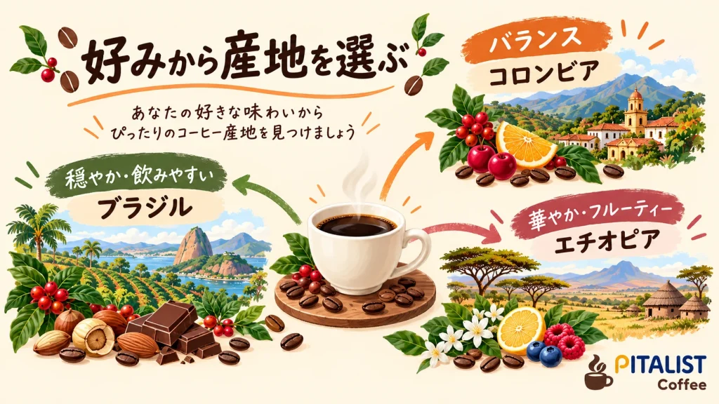 好みの味からブラジル・コロンビア・エチオピアのコーヒー豆を選ぶ目安